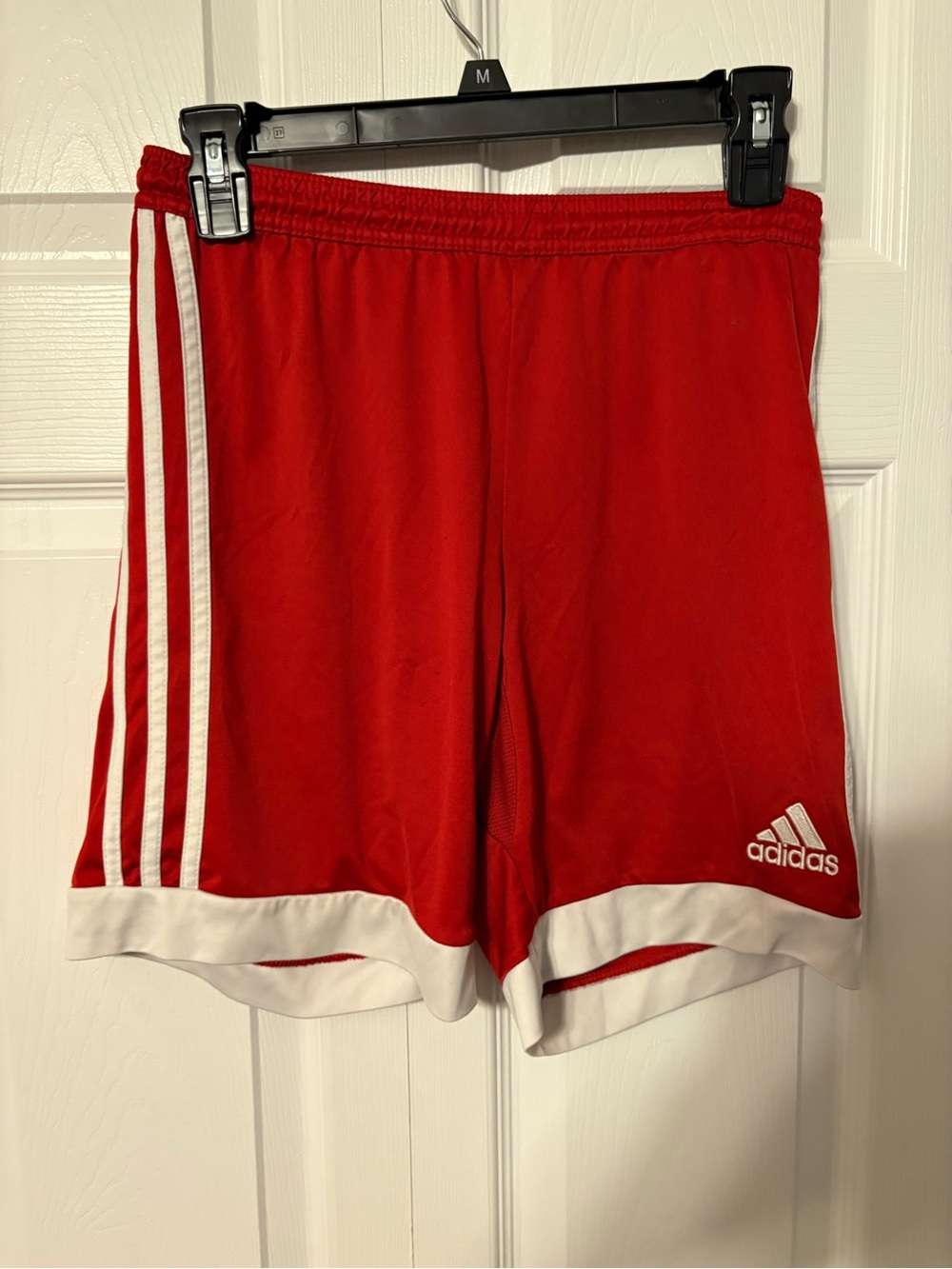 adidas Red Mens Soccer Shorts with White Stripes